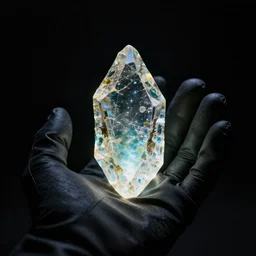 a glowing shard of kryptonite held in an open black - gloved hand, black background, sharp focus