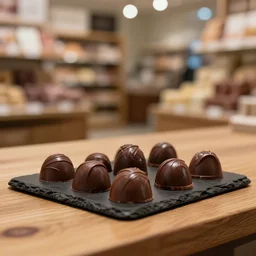 5 5 mm photo, of freshly milk french roast chocolate dark chocolate by phillip ashley on a black plat on a wooden table in a candy store. dof. bokeh. magical atmosphere. art by greg rutkowski. highly detailed 8 k. intricate. lifelike. soft light. nikon d 8 5 0.
