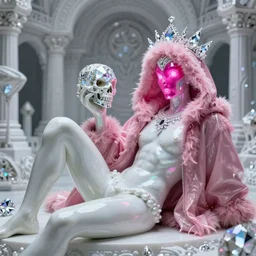 photo of fullbodied baroque and bladerunner delicate neon diamond sculpture of seductive ceramic albino marble prince andres sanjuan dotado mint iridescent humanoid deity wearing pink plastic fluffy hoody holding diamond skull in a white alien dungeon, reclining, glowing magenta face, crown of white diamonds, cinematic lighting, photorealistic, octane render 8 k depth of field 3 d