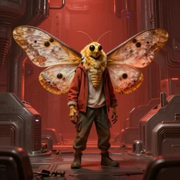 concept art by greg rutkowski, an antropomorphic moth, wearing cassual clothes, uncanny but somehow friendly, futuristic, brutalistic environment, scifi, detailed and intricate environment, reddish lighting, nostalgic atmosphere, high technology, highly detailed portrait, digital painting, artstation, concept art, smooth, sharp foccus ilustration, artstation hq.