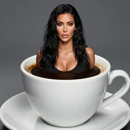 Kim Kardashian coming out from a giant cup of coffee, cinematic, highly detailed, HD, 4K, professional image, professional lighting
