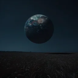 a photo of a darkened field with a planetary object hanging in the sky above about to collide, digital art, intense, dramatic lighting, emotional, music video