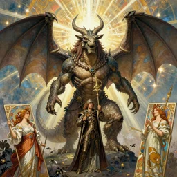 the second coming of smaug, by rebecca guay and by arthur rackham and by alphonse mucha and by john william waterhouse, cosmic, heavenly, god rays, intricate detail, cinematic, 8 k, cel shaded, unreal engine, featured on artstation, pixiv