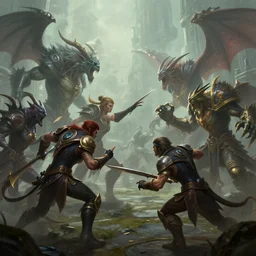 1 - bit hyperrealism fantasy creatures fight scene with characters from league of legends portrait, by anthony van dyck, digital art, wallpaper of an fantasy fight, background of sci fi city in fog, diffused lighting, extremely detailed, 8 k, sharp, trending dop hdr, film grain