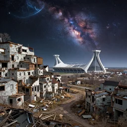 a desolate landscape with an ancient decrepit Habitat 67 and Montreal Olympic Stadium in the distance, cosmic, interstellar, vivid sky, digital art, matte painting, concept art, intricate, epic, depth, artstation, Noah Bradley, Greg Rutkowski, highly detailed, mysterious, octane render, 8k,