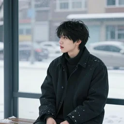A guy with black bangs over his eyes sits at a bus stop in winter and talks to a 14-year-old girl with two puffy red ponytails wearing beige shorts and a red T-shirt with USSR written on it