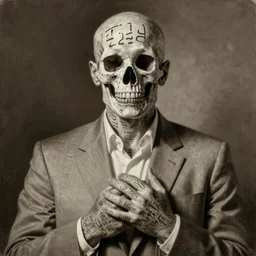 photorealistic sepia painting of a male in a grey suit, nabatean aramaic tattoos on his face and hands, his skin peeling away revealing a skull, by richard corben, atmospheric lighting, brooding, painted, intricate, ultra detailed, well composed, best on artstation, cgsociety, epic, stunning, gorgeous, intricate detail, much wow, masterpiece, cinematic aesthetic octane render, 8 k hd resolution,