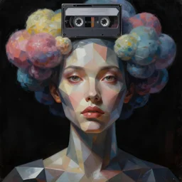 a dark sci - fi close - up portrait of a geometric woman, colorful puffy cartoon clouds, vhs cassette cover. reflective detailed textures. gloomy lighting, black background. highly detailed fantasy science fiction painting by, moebius, norman rockwell, frank frazetta, and syd mead. high contrast. artstation