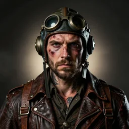 portrait, headshot, d, grizzled, scarred, victorian retro - futurist pilot, leather pilots uniform, heroic composition, by diego gisbert llorens and donato giancola, loish, moebius, dramatic lighting, backlit, spot lit, shadowed, mysterious, tattoos, intricate, hyper realistic, hyperdetailed, centered, cinematic, 2 d, vector, graphic