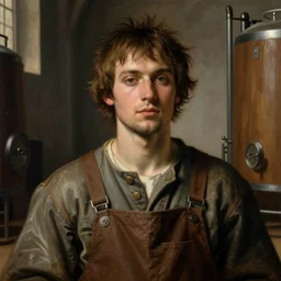 a young man, olive skin, short messy hair wearing coveralls in a church brewery, renaissance painting