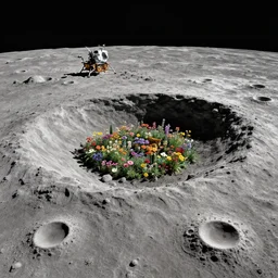 a landscape on the moon with many craters, barren moon landscape, a broken moon lander, in a big crater at the center there is a beautiful flowering garden, 8 k, lowbrow in the style of roger dean and martin johnson heade and daniel merriam,