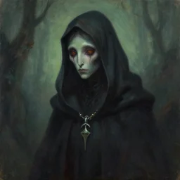 a painting of a hooded creature with a necklace by ben templesmith and raymond swanland, concept art, fantasy art, wiccan, lovecraftian, mystical trending on cgsociety, trending on artstation