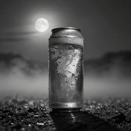 a gigantic can of beer looming in the distance during a dark, foggy night, with the moon shining in the background. black and white photograph, slightly grainy