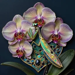 majestic colorful orchid mantis enamel by william morris, cloisonne, iridescent, gilded details, black opals, beautiful hyperdetailed art nouveau orchids, ultrasharp photorealistic octane render, rich deep moody colors