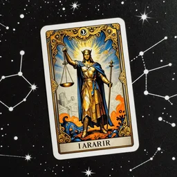 Tarot card, honor and justice and war, gold and blue and orange tones, black paper, patterns of a constellation, elegant, brutalist, rough, ornate, elaborate, intricate details, beautiful, eloquent, comfort, knowledge, in the style of sparth, final fantasy, trending on art station