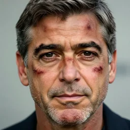 george clooney, solid black eyes, scars cover photo, 8 5 mm, f 1. 8