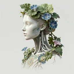 3 d render, biomechanical beautiful young female cyborg with a porcelain profile face, analog, big leaves foliage and stems, morning glory flowers, hibiscus flowers, boho floral vines, hexagonal mesh fine wire, sinuous fine roots, alexander mcqueen, art nouveau fashion embroidered, steampunk, mandelbrot fractal, picture taken in 1 9 3 0