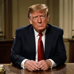 a film still from a 1 9 4 0's film noir movie with donald trump sitting at a metal table in an dark interrogation room with a hanging light shining on him, dramatic lighting