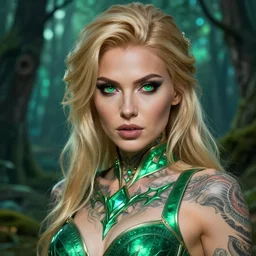 a close - up of tattooed blonde russian female warrior wearing a magical emerald leotard in a magical forest, hyper realistic face, green eyes, fantasy art, in the style of greg rutkowski, illustration, epic, fantasy, intricate, hyper detailed, artstation, concept art, smooth, sharp focus, vibrant