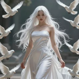 A beautiful woman with curvaceous body and long white hair, surrounded by white doves, wearing a long flowy fabric, cinematic lighting, soft bokeh, sci-fi, modern, colourful, highly detailed, digital painting, artstation, concept art, sharp focus, illustration, by WLOP