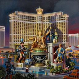 an airbrush painting of an elaborate hidden object scene on the las vegas strip by destiny womack, gregoire boonzaier, harrison fisher, richard dadd
