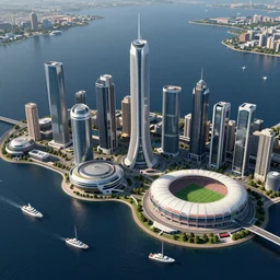 various futuristic skyscrapers, city on a navy blue lake, soccer stadium in a city, many small boats and big yachts on a lake, small distant birds, artstation, digital art, photorealistic, hyperdetailed, beautiful, epic scene, dramatic lighting, aerial view,