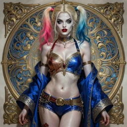 harley quinn as a goddess, passionate, sweaty, intricate dressed in ornate blue robes, lovely, intricate, highly detailed, digital painting, artstation, symmetrical, concept art, smooth, sharp focus, illustration, unreal engine 5, 8 k, art by artgerm and greg rutkowski and alphonse mucha