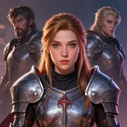 front facing symmetrical centered painted portrait, headshot of Imogen Poots as a D&D Paladin, RPG character avatar, Wild Blue Studios, Arcane concept art, Dauntless concept art, global illumination lighting, Pixar, trending on artstation, by Katie De Sousa,Penpen Gao, ilya kuvshinov, rossdraws
