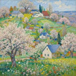 beautiful colorful painting of village in the 1920s, intricate blooming details by james jean