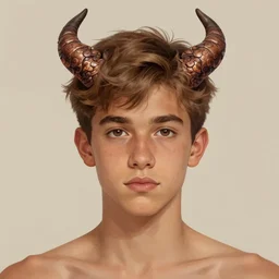 portrait of a male teen human with a mixed skin tone and a pair of short dragon - like horns poking out of their light brown hair. semi realism. illustration. fantasy.
