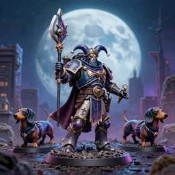 by par olofsson and tristan eaton, visually stunning, cinematic, ultra realistic, hyper realism, 1 2 k, epic, octane render, unreal engine, vfx, maya, mystic dreams : lunar oracle, warhammer miniature of a chaos harlequin dachshund : frames from the city 🌃