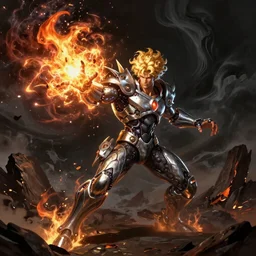 Digital art of Lucius with fluffy curly blond hair, throwing a wild fire blast from his hands, reforming his body parts out of silvery obsidian nanites. Genetically engineered super soldier in a scorched land with a black roiling sky. Epic artstation league of legends splash art