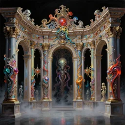 baroque neoclassicist halls decorated with sci - fi colorful chrome alien organic textures. iridescent textures. glowing fog, black background. highly detailed fantasy science fiction painting by moebius, norman rockwell, frank frazetta, and syd mead. rich colors, high contrast