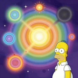 dawn of creation ; first atom ; beings of light and darkness ; ethereal plane. vibrant rainbow colors. homer simpson. illustrated by maurice sendak and stephen gammell and junji ito and dr seuss and tsutomu nihei and keith thompson and graham ingels