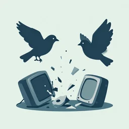 2 d vector art of birds tearing apart old technology, clean style, svg, calm tones