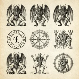 < manuscript page from the necronomicon, detailing different types of lovecraftian demons, arcane runes, detailed anatomy illustrations, aesthetic composition