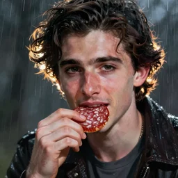 timothee chalamet eating salami, raining, close up, rim lighting, portrait, sinister atmospheric lighting. highly detailed painting by greg rutkowski, anime style