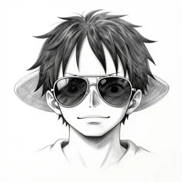 a pencil sketch portrait of luffy wearing aviator sunglasses, black and white, white background, fine detail