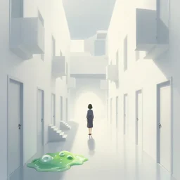 a woman made of slime in a bright white hallway with many doors and many stairs, Mc Escher architecture, epic composition, by Makoto Shinkai