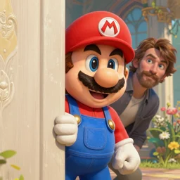 super mario, peeking behind him, highly detailed, digital painting, artstation, illustration, art by artgerm and greg rutkowski and alphonse mucha