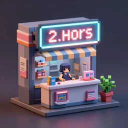 origami mini cyberpunk convenience store has a neon sign of 2 4 hours, fantasy, elegant, highly detailed, artstation, concept art, smooth, sharp focus illustration, created by jan urschel and sylvain sarrailh ， 4 5 ° 3 d viewing angle ， pixel art, pixel style
