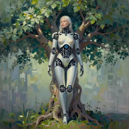 an oil painting of a robotic woman half tree, vibrant lighting, elegant, highly detailed, smooth, sharp focus, illustration, beautiful, geometric, trending on artstation, full body, cinematic, artwork by Borovikovsky