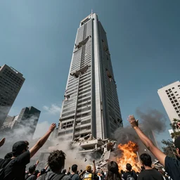 torre entel chile being destroyed by protesters, cyberpunk, high detail