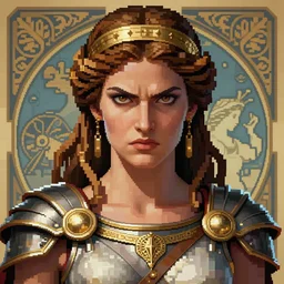 pixel art of The Greek godess Hera looking angry, detailed armor, portrait, highly detailed, digital painting, artstation, concept art, smooth, sharp focus, beautiful face, symmetric face, cinematic, videogame cover art, illustration, by Artgerm and Greg Rutkowski and Alphonse Mucha