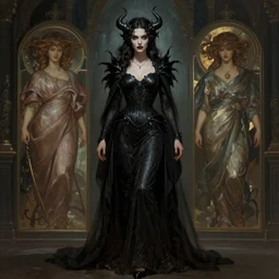 the most powerful woman in the world, fantasy, cinematic, stunning, highly detailed, digital painting, artstation, soft focus, ominous lighting, evil colors, full body shot, illustration, art by artgerm and greg rutkowski and alphonse mucha