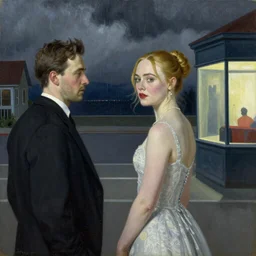 Elle Fanning at night, stormy weather, extremely detailed masterpiece, oil on canvas, by Norman Rockwell and Edward Hopper,