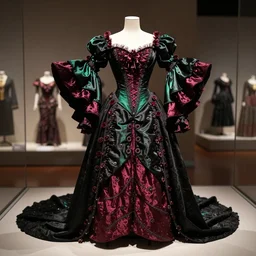 the film still photographed image is of 1 9 0 0 s haute couture black, green, garnet, maroon opera costume ensemble on display in a museum exhibit. the intricate design and luxurious fabric are a testament to the skilled craftsmanship of the designer. the gown is inspired by pluto, the dwarf planet, and features a dramatic train and billowing sleeves. vibrant cinematography, anamorphic lenses, upscale,