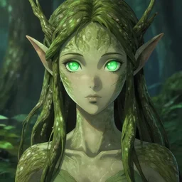 greg manchess a realistic anime portrait of a beautiful dryad with glowing green eyes and tree bark skin wearing clothes made of leaves, anime, digital painting, by stanley artgerm lau, sakimichan, wlop and rossdraws, digtial painting, trending on artstation