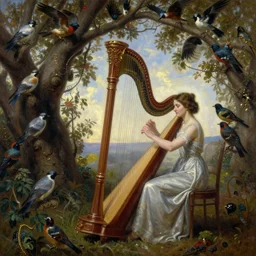 oil painting, female playing the harph while birds are listening on the tree surreal, ultra realistic, wide angle, intricate details, artifacts, luminous skies, highly detailed, michael cheval, peter mohrbacher, boris vallejo, jessica rossier, oil painting, highly detailed, cinematic lighting