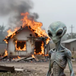 a photo of a house burning down in the background and an alien with an eerie expression in the foreground, strong depth of field